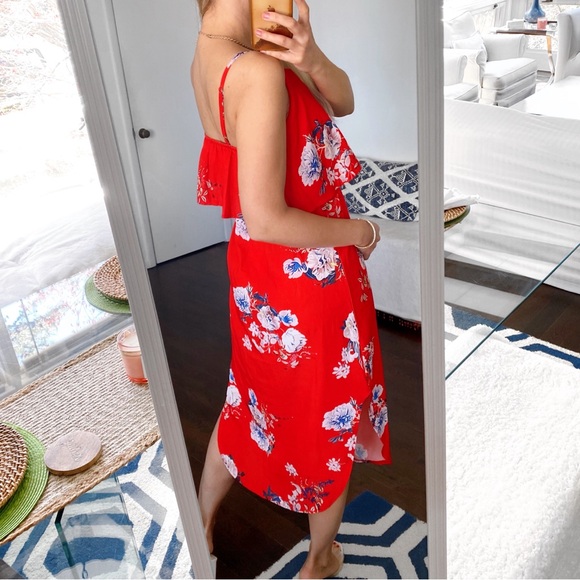 ❤️ YIDARTON BOHO RED MULTI FLORAL SLIT MIDI DRESS! - Picture 4 of 13